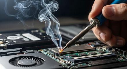 Naklejka premium Repairing Electronics Soldering a Circuit Board