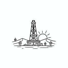 Desert oil derrick at sunrise, minimalist line art illustration.