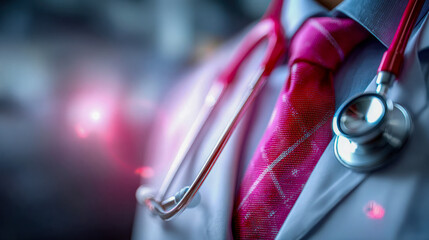Professional doctor in white coat with red tie and stethoscope closeup