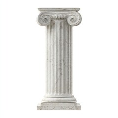 Classic, fluted marble column, isolated on white.  A tall, elegant,  light-colored stone pillar,  featuring fluted shaft,  capital with volutes,  and a base
