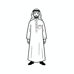 Line drawing of a man in traditional Arab clothing, standing with a calm expression.