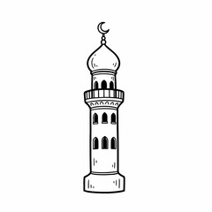 Obraz premium Illustration of a minaret with a crescent moon on top, depicted in a simple black and white line drawing style.