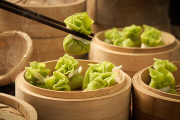 Green tea siu mai with shrimp filling, Chinese Cantonese breakfast