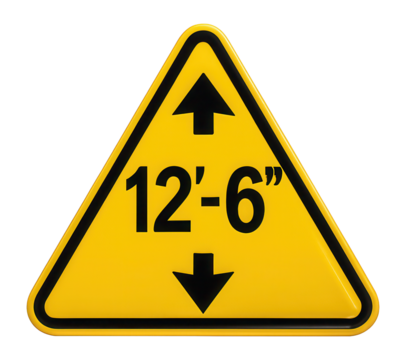 Yellow triangular low clearance warning sign with height indicator icon