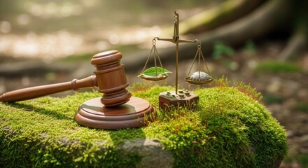 Justice and Nature - Gavel and Scales on Mossy Surface.