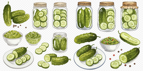 A collection of fresh whole and sliced cucumbers, along with various jars of pickled cucumbers and bowls of green relish, illustrating different forms of this vegetable.
