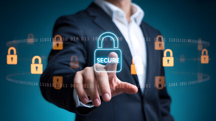 Businessman touching glowing secure padlock icon, symbolizing digital data protection and cybersecurity.