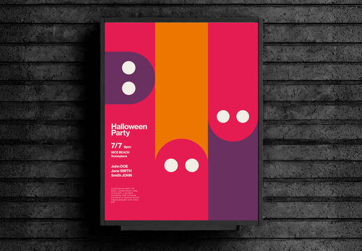 Halloween Party Poster Template with Cartoon of Ghosts in Pink and Orange