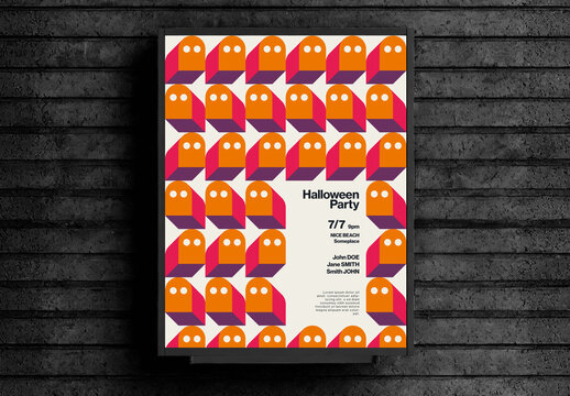 Halloween Party Poster Template with Cartoon Ghost Illustration Pattern