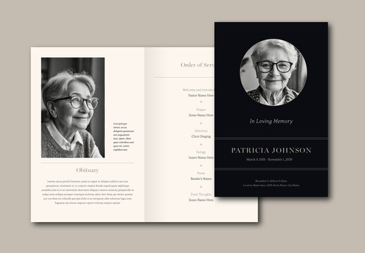 Funeral Program Template with Dark Cover and Circular Photo