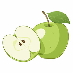 Fresh Green Apple with Leaf and Half Slice Illustration