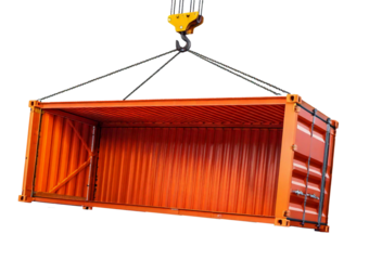 Empty Orange Shipping Container with Removed Side Wall During Transportation with Crane Hook. isolated on transparent or white background