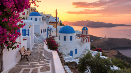 Fototapeta premium Charming Mediterranean village with whitewashed buildings and blue domes at sunset, overlooking the sea.