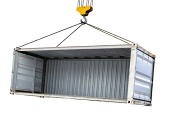 Empty White Shipping Container with Removed Side Wall During Transportation with Crane Hook. isolated on transparent or white background
