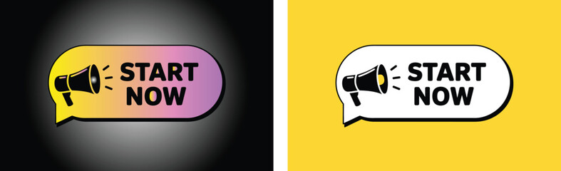 Start now message with megaphone icon on gradient and yellow background