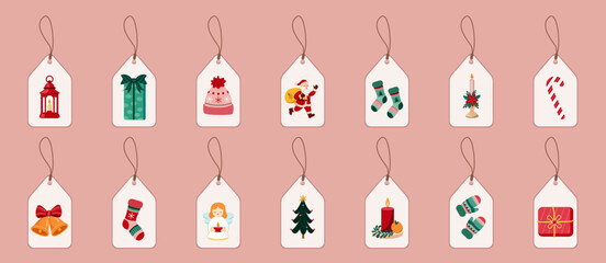 Christmas gift tag set with Santa, New year tree, angel, present, candle, candy, mitten, bow, lantern.  Holiday vector  labels on pink background