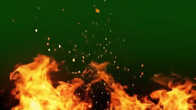 Dancing Flames in Green Embrace: A fiery spectacle of vibrant orange flames dancing against a serene green backdrop. Each flickering ember tells a tale of raw energy and captivating warmth.