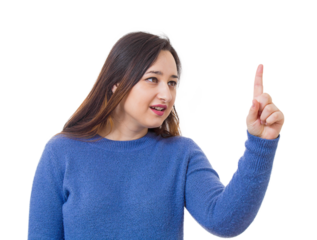 Curious young woman touching an invisible interface with forefinger, choosing something. Female isolated on transparent background
