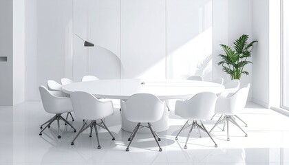 Bright Meeting Room with White Furniture and Plant Minimalist Design