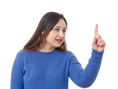 Curious young woman touching an invisible interface with forefinger, choosing something. Female isolated on transparent background