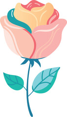 Naklejka premium Single Rose with Pastel Pink and Yellow Petals and Teal Accents on a Green Stem with Teal Leaves flower style vector illustration EPS file download