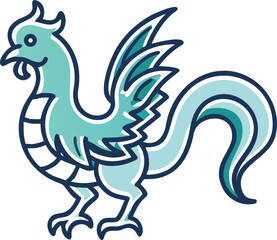 Stylized turquoise rooster with a flowing tail and comb, outlined in dark blue style vector illustration EPS file download