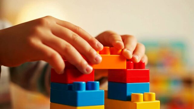 Child's hands building a colorful arch structure with interlocking plastic toy blocks symbolizing creativity learning through play and early childhood development.