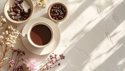 Top-view images of a cacao ceremony. Rustic wooden table with handmade clay cups filled with frothy cacao, raw cacao beans, cacao paste pieces, candles, feathers, crystals, and natural fabrics. Warm e