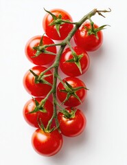 Fresh cherry tomatoes clustered on stem, vibrant red