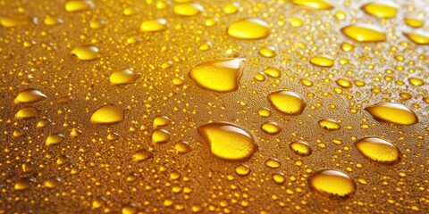 Golden water droplets glistening on textured surface reflecting light in a detailed macro.