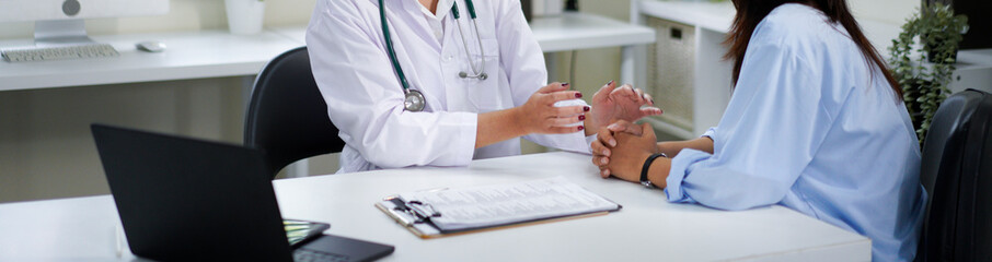 female doctor hold hand of woman patient give comfort, express health care sympathy, medical help...