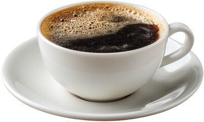 Fototapeta premium A white ceramic coffee cup filled with dark coffee, resting on a saucer. A frothy crema sits atop the rich liquid