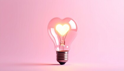 Heart-shaped light bulb with glowing orange filament arranged in a matching heart form, set against a plain white background, symbolizing love, creativity, and artistic innovation.