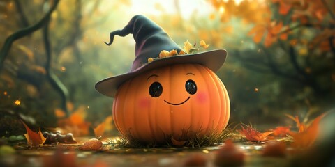 Charming pumpkin with witch hat in enchanted autumn forest setting