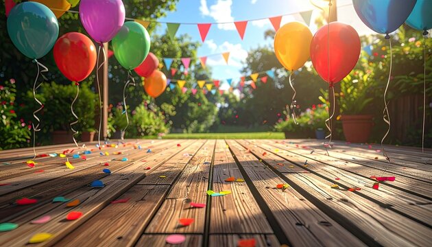 Bright Outdoor Birthday Celebration with Colorful Balloons and Confetti on Wooden Decking and Blue Sky