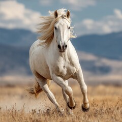 A white horse with a large mane runs gracefully across the field