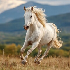 A white horse is galloping in the meadow