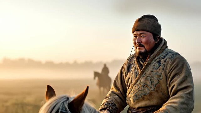 This is a video shows a man riding a horse on the steppe. He wears tatar-mongol style clothing, filmed during sunrise. Another person rides a horse in the distant background