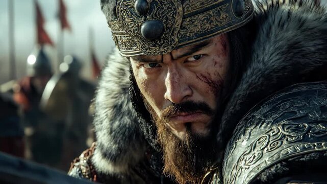 This impactful video displays a determined Commander wearing a fur-lined helmet. Scars mark his face as he surveys the battlefield during a Tatar-Mongol campaign, ready for war