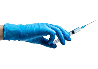 Hand with glove holding a syringe for vaccination , isolated on transparent or white background