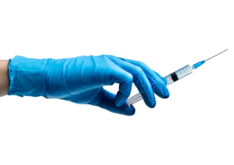Hand with glove holding a syringe for vaccination , isolated on transparent or white background