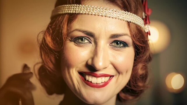 Portrait of smiling red-haired woman in 1920s flapper style with headband and red lipstick, vintage fashion, retro glamour, stylish, beauty.