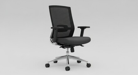Fototapeta premium Ergonomic office chair with mesh back and adjustable arms on a neutral background