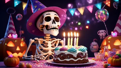 Animated skeleton celebrating a spooky birthday with cake and festive decorations, perfect for Halloween celebrations and party themes