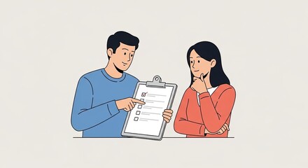 Man and woman discussing checklist.