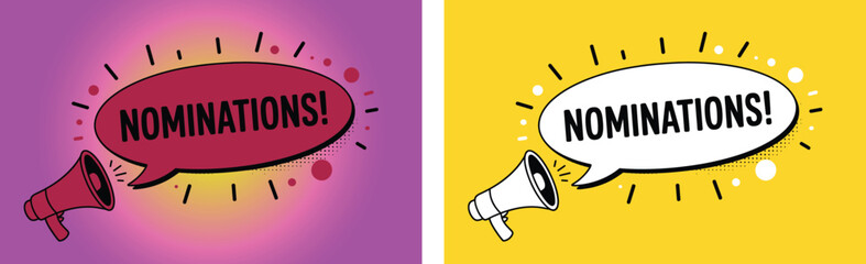Two speech bubbles announcing nominations with festive rays of light