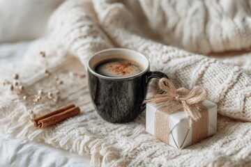 cozy christmas morning, coffee mug with cinnamon, white blanket, small wrapped gift, soft daylight