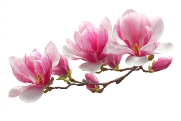 Fototapeta premium Delicate pink magnolia blossoms on a branch against a white background