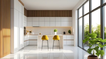 modern kitchen design with wooden accents and large windows