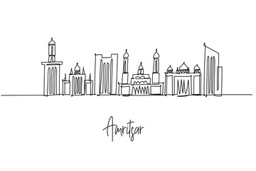 continuous line drawing of Amritsar city skyline featuring Punjab heritage and sacred architecture, a minimalist art concept themed to the holy city with Golden Temple domes minarets gates and towers.
